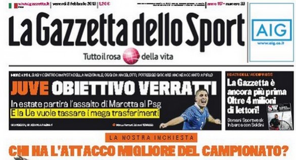 Rassegna stampa 8 febbraio 2013: le prime pagine di Gazzetta, Corriere e Tuttosport