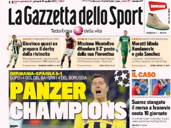 Rassegna stampa 25 aprile 2013: prime pagine di Gazzetta, Corriere e Tuttosport