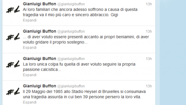 Heysel | Tra i tanti ricordi quello di Buffon su Facebook e Twitter: &#8220;Mai più&#8221;