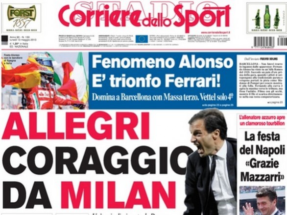 Rassegna stampa 13 maggio 2013: prime pagine di Gazzetta, Corriere e Tuttosport