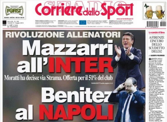 Rassegna stampa 21 maggio 2013: prime pagine di Gazzetta, Corriere e Tuttosport