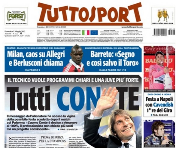 Rassegna stampa 5 maggio 2013: prime pagine di Corriere e Tuttosport. Gazzetta in sciopero