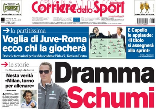 Rassegna stampa 30 dicembre 2013: prime pagine di Gazzetta, Corriere e Tuttosport