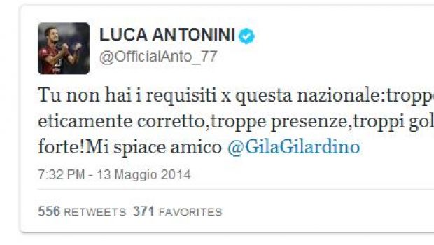 Antonini consola Gilardino su Twitter e ironizza su Prandelli