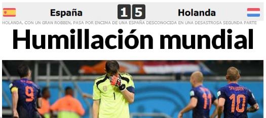 Spagna-Olanda 1-5 | Titoli siti spagnoli e stranieri: &#8220;Umiliazione mondiale&#8221; &#8211; Foto