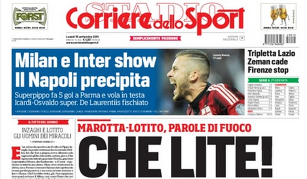 Rassegna stampa 15 settembre 2014: prime pagine Gazzetta, Corriere e Tuttosport