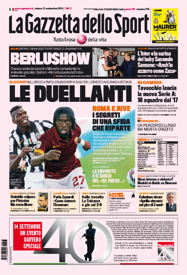 Gazzetta, Corriere dello Sport, Tuttosport | Prime pagine oggi 13 settembre 2014