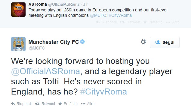 Manchester City-Roma su Twitter: &#8220;Totti mai in gol in Inghilterra&#8221;, la replica