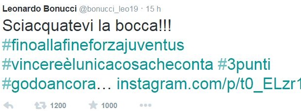 Juventus-Roma | Il tweet di Bonucci: &#8220;Sciacquatevi la bocca!!!&#8221;