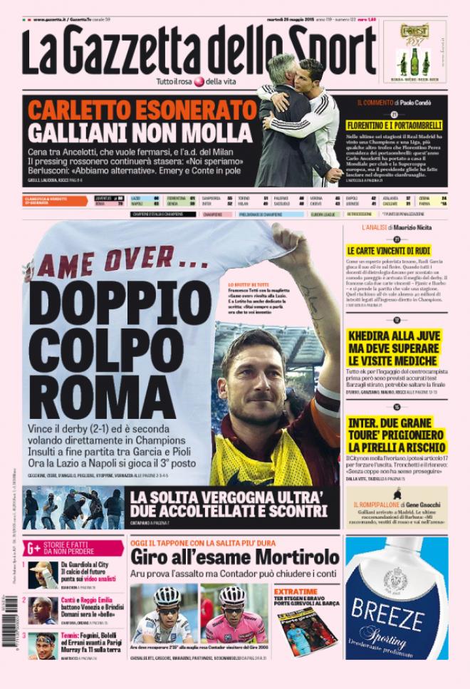 Rassegna stampa 26 maggio 2015: prime pagine Gazzetta, Corriere e Tuttosport