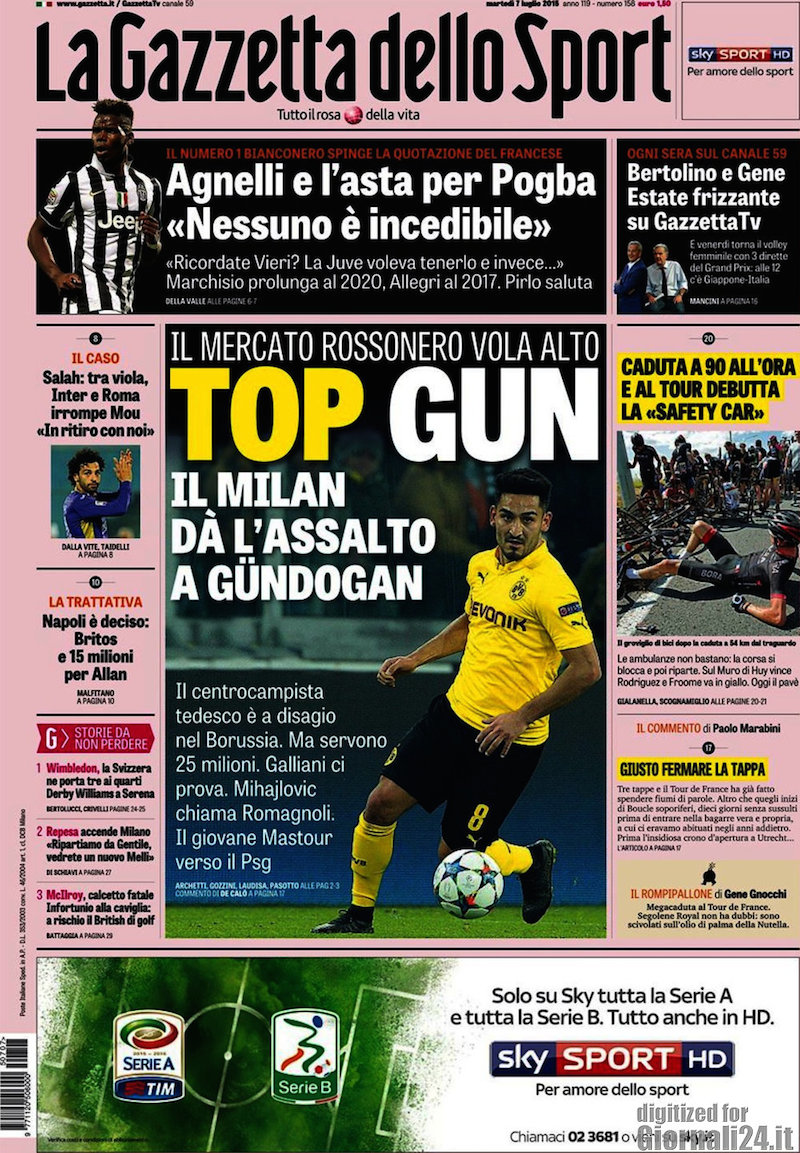 Rassegna stampa 7 luglio 2015: prime pagine Gazzetta, Corriere e Tuttosport