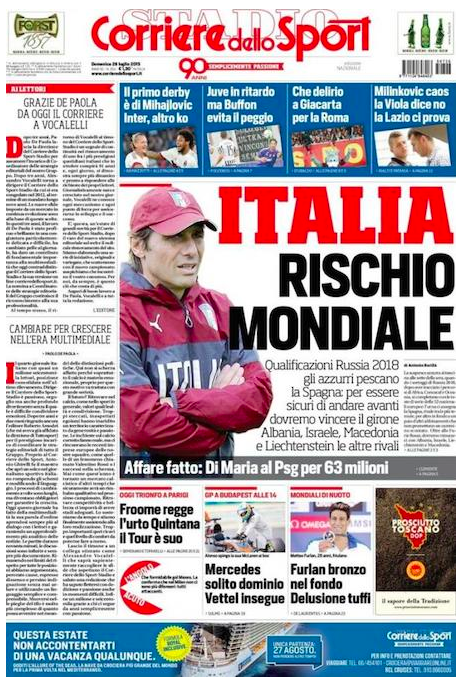 Rassegna stampa 26 luglio 2015: prime pagine Gazzetta, Corriere e Tuttosport