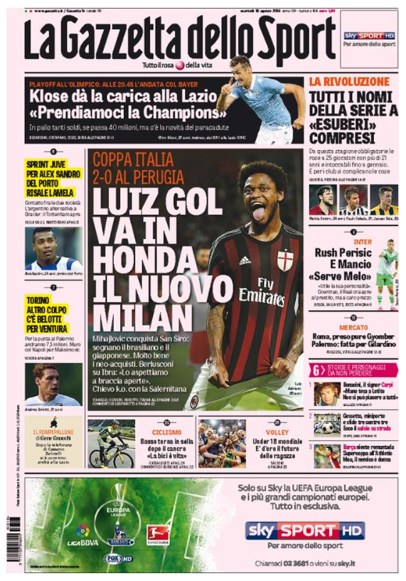 Rassegna stampa 18 agosto 2015: prime pagine Gazzetta, Corriere e Tuttosport