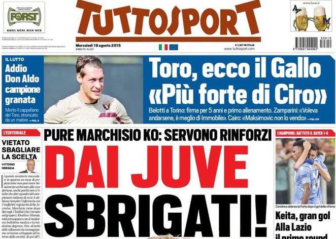 Rassegna stampa 19 agosto 2015: prime pagine Gazzetta, Corriere e Tuttosport