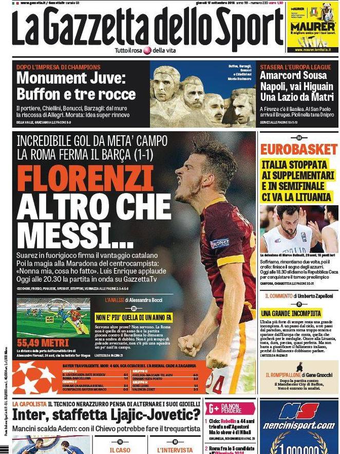 Rassegna stampa 17 settembre 2015: prime pagine Gazzetta, Corriere e Tuttosport