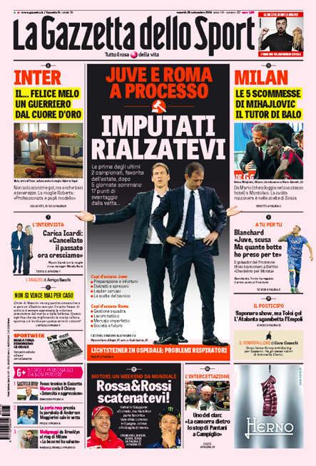 Rassegna stampa 25 settembre 2015: prime pagine Gazzetta, Corriere e Tuttosport