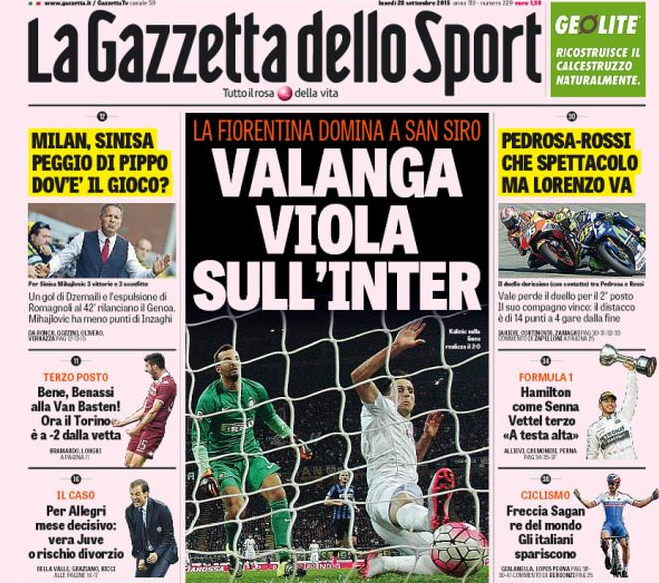 Rassegna stampa 28 settembre 2015: prime pagine Gazzetta, Corriere e Tuttosport