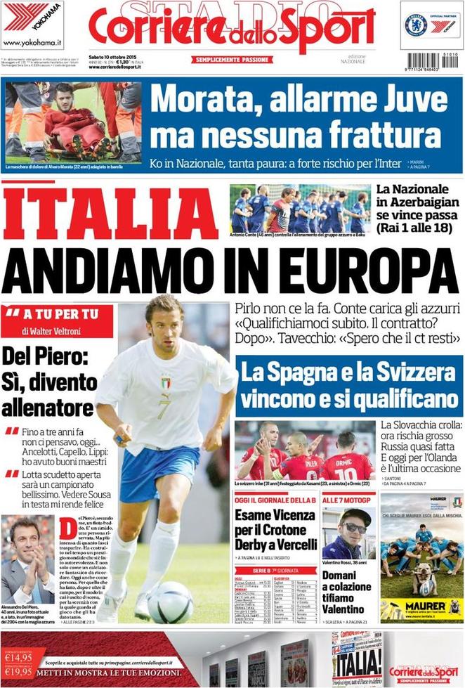 Rassegna stampa 10 ottobre 2015: prime pagine Gazzetta, Corriere e Tuttosport