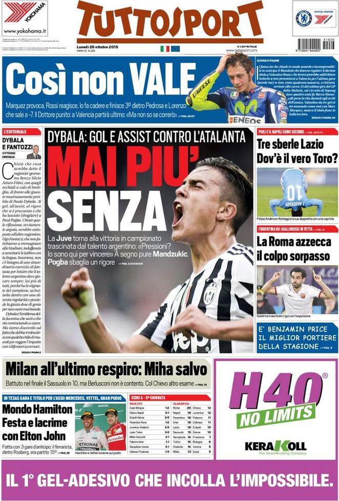 Rassegna stampa 26 ottobre 2015: prime pagine Gazzetta, Corriere e Tuttosport