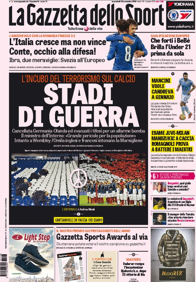 Rassegna stampa 18 novembre 2015: prime pagine Gazzetta, Corriere e Tuttosport