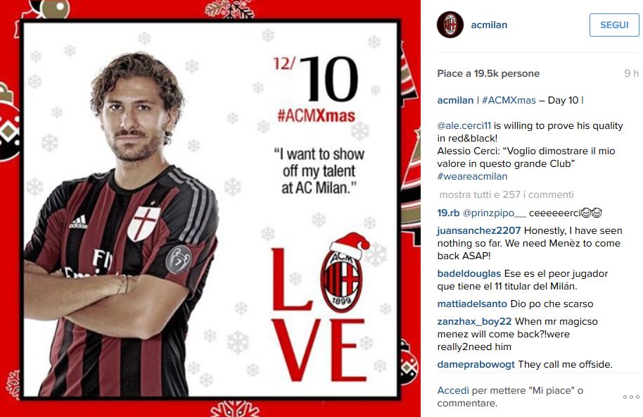 Milan: tifosi contro Cerci su Instagram