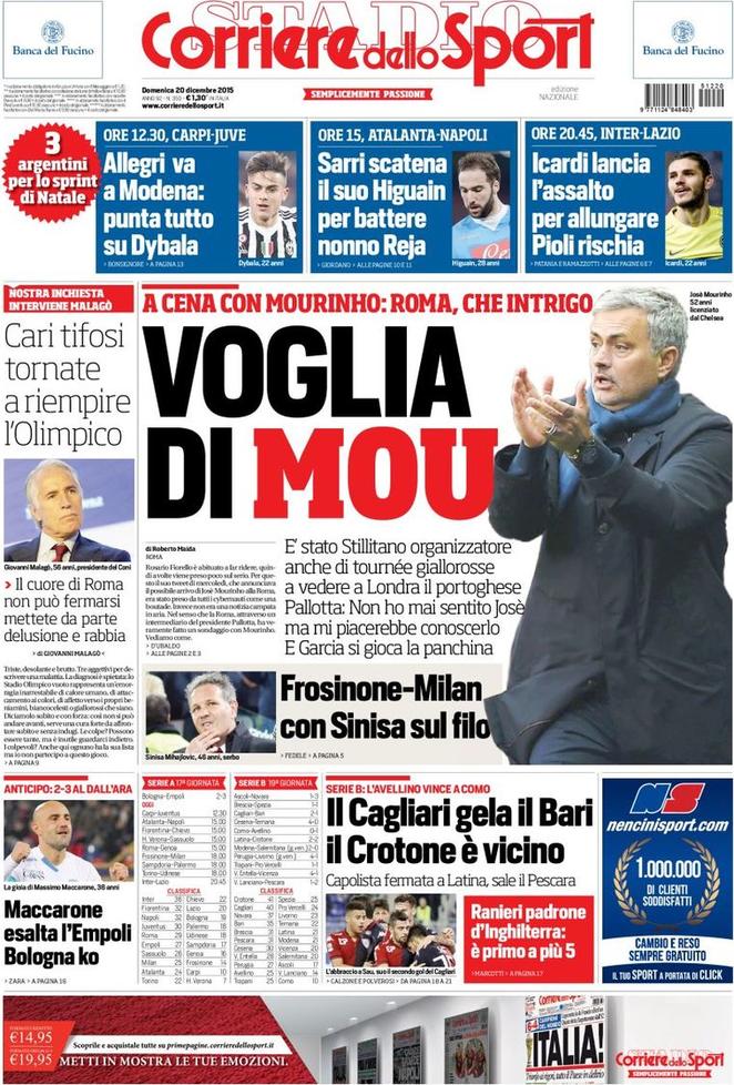 Rassegna stampa 20 dicembre 2015: prime pagine Gazzetta, Corriere e Tuttosport