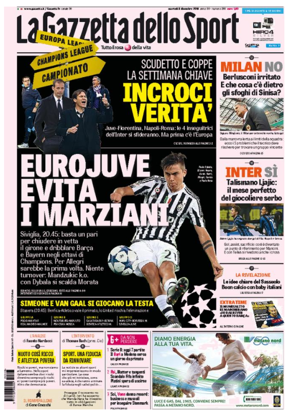 Rassegna stampa 8 dicembre 2015: prime pagine Gazzetta, Corriere e Tuttosport