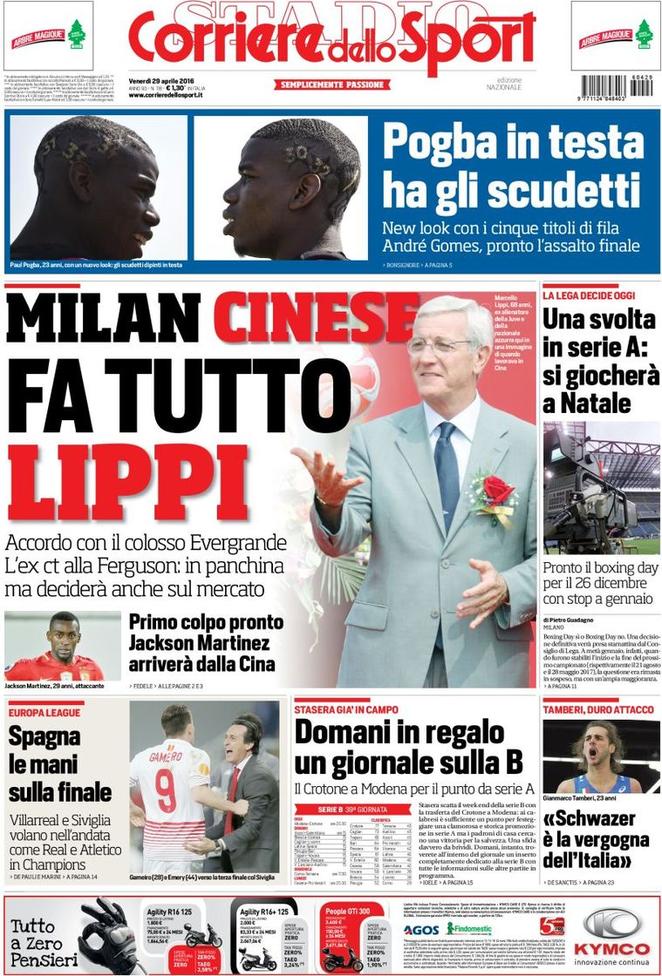 Rassegna stampa 29 aprile 2016: prime pagine Gazzetta, Corriere e Tuttosport