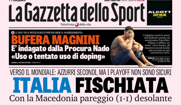 Rassegna stampa: prime pagine Gazzetta, Corriere e Tuttosport di sabato 7 ottobre 2017
