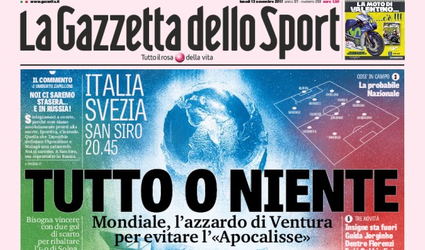 Rassegna stampa: prime pagine Gazzetta, Corriere e Tuttosport di lunedì 13 novembre 2017