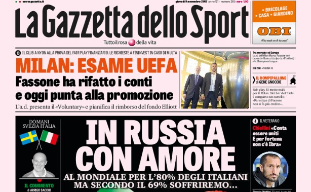 Rassegna stampa: prime pagine Gazzetta, Corriere e Tuttosport di giovedì 9 novembre 2017