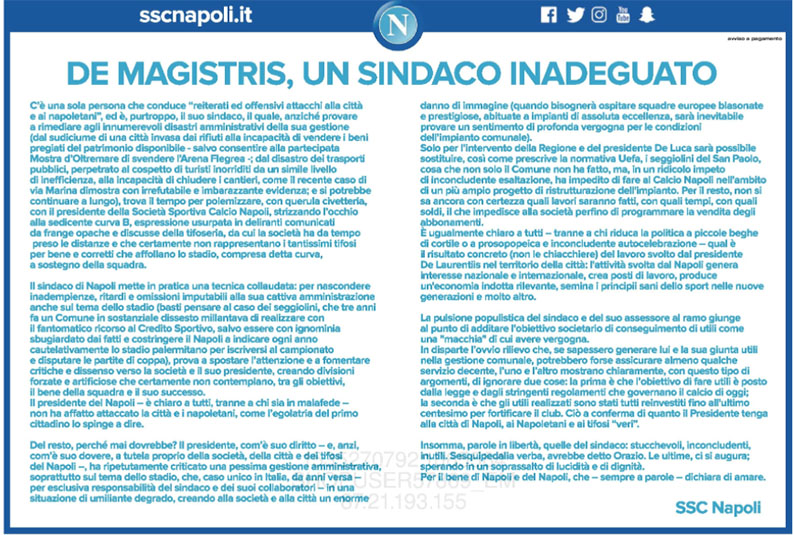 Napoli: De Laurentiis compra pagine di giornali per attaccare De Magistris