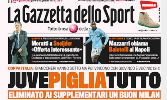 Rassegna stampa 10 gennaio 2013: le prime pagine di Gazzetta, Corriere e Tuttosport
