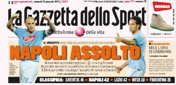 Rassegna stampa 18 gennaio 2013: le prime pagine di Gazzetta, Corriere e Tuttosport