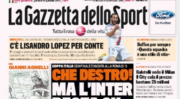 Rassegna stampa 24 gennaio 2013: le prime pagine di Gazzetta, Corriere e Tuttosport