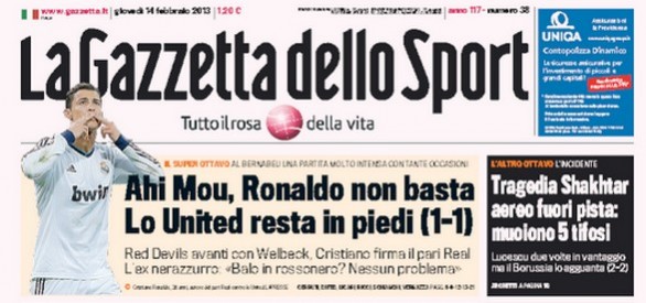 Rassegna stampa 14 febbraio 2013: le prime pagine di Gazzetta, Corriere e Tuttosport