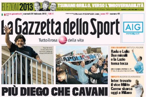Rassegna stampa 26 febbraio 2013: le prime pagine di Gazzetta, Corriere e Tuttosport