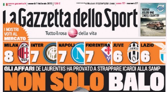 Rassegna stampa 1 febbraio 2013: le prime pagine di Gazzetta, Corriere e Tuttosport