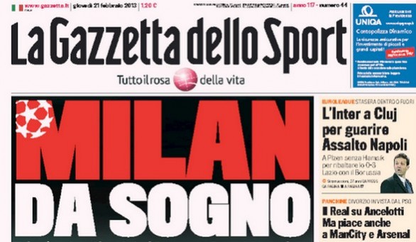 Rassegna stampa 21 febbraio 2013: le prime pagine di Gazzetta, Corriere e Tuttosport