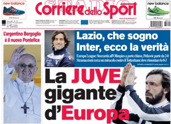 Rassegna stampa 14 marzo 2013: prime pagine di Gazzetta, Corriere e Tuttosport