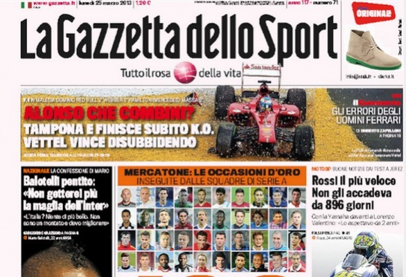 Rassegna stampa 25 marzo 2013: prime pagine di Gazzetta, Corriere e Tuttosport
