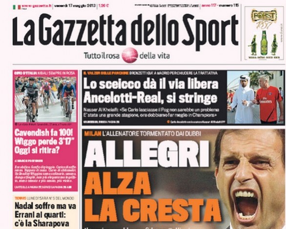 Rassegna stampa 17 maggio 2013: prime pagine di Gazzetta, Corriere e Tuttosport