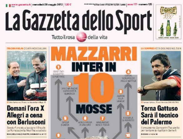 Rassegna stampa 29 maggio 2013: prime pagine di Gazzetta, Corriere e Tuttosport