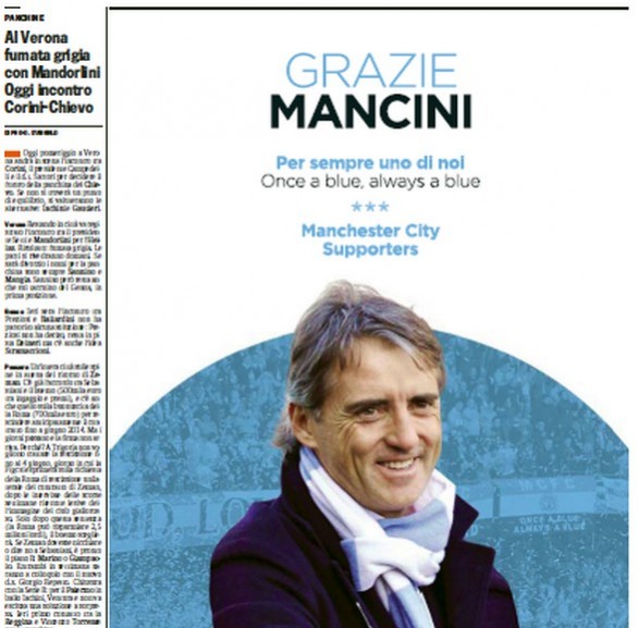 Manchester City, i tifosi comprano una pagina della Gazzetta per ringraziare Mancini