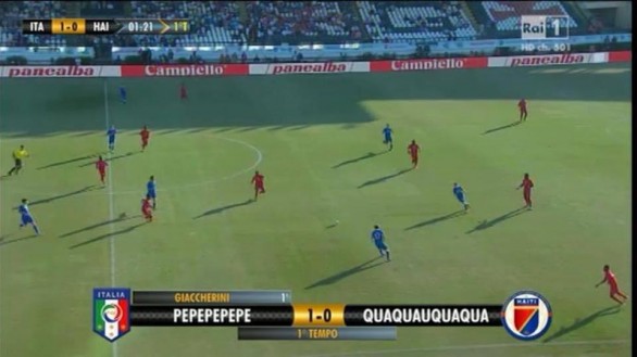 Rai, errore nella grafica durante la partita dell&#8217;Italia: Pepepepepe &#8211; Quaquauquaqua 1-0 (Foto)
