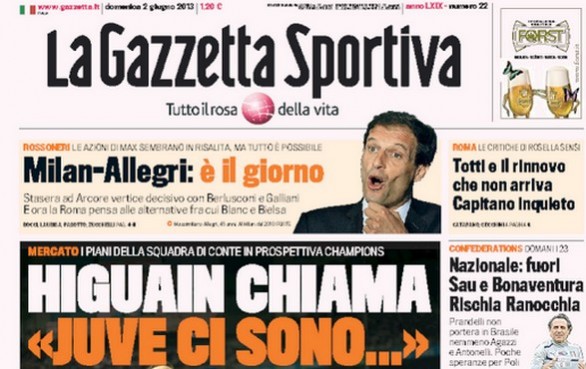Rassegna stampa 2 giugno 2013: prime pagine di Gazzetta, Corriere e Tuttosport