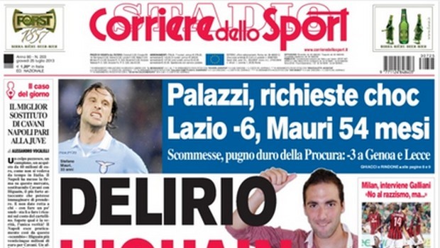Rassegna stampa 25 luglio 2013: prime pagine di Gazzetta, Corriere e Tuttosport