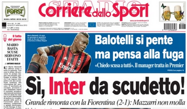 Rassegna stampa 27 settembre 2013: prime pagine di Gazzetta, Corriere e Tuttosport