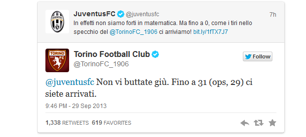 Torino-Juventus, il club granata risponde su Twitter: &#8220;Fino a 31 (ops, 29) ci siete arrivati&#8221;