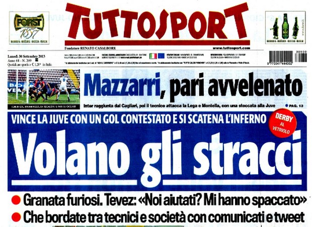 Rassegna stampa 30 settembre 2013: prime pagine di Gazzetta, Corriere e Tuttosport